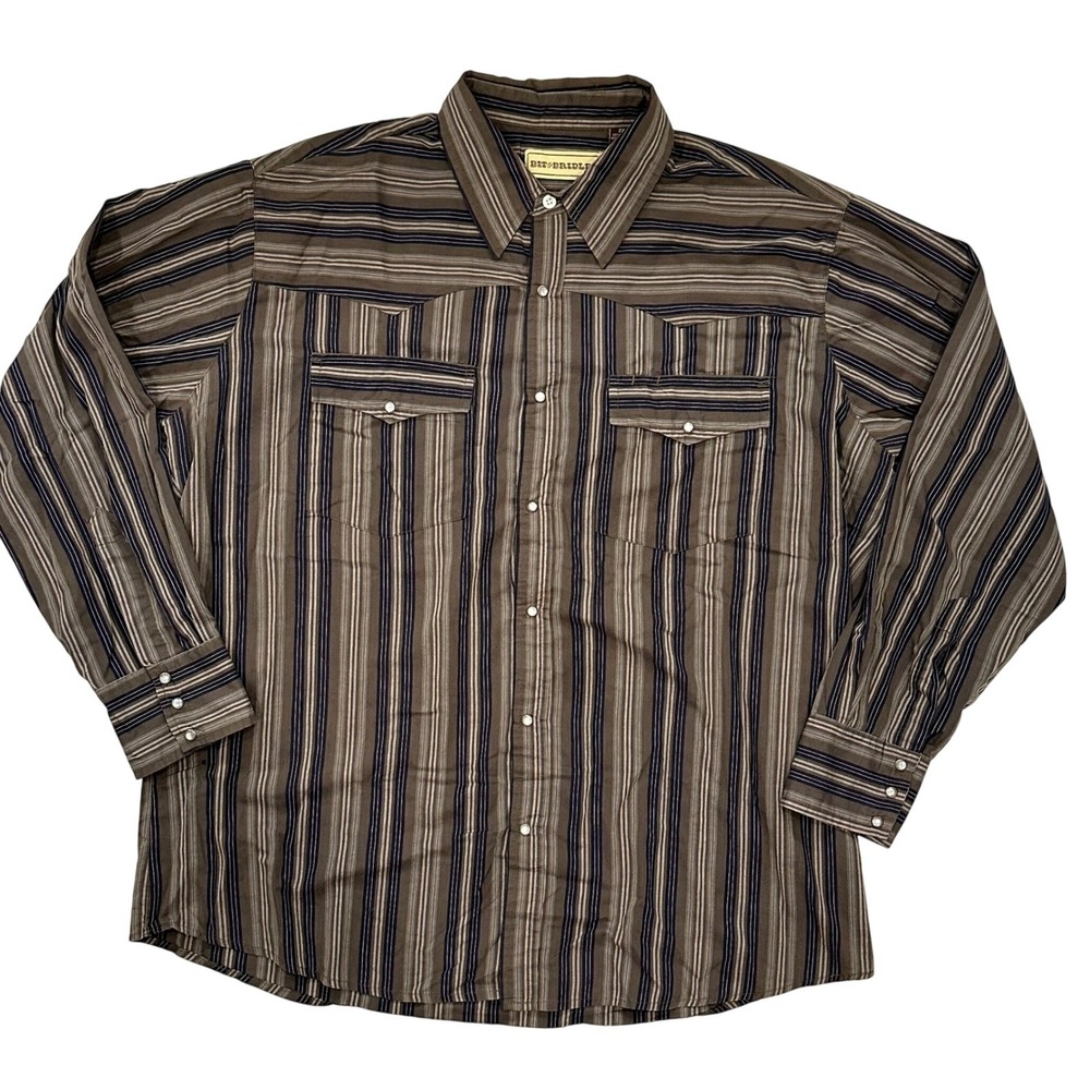 Bit & Bridle Mens 2X Brown Striped Western Shirt Long Sleeve Button Up‎ Cowboy